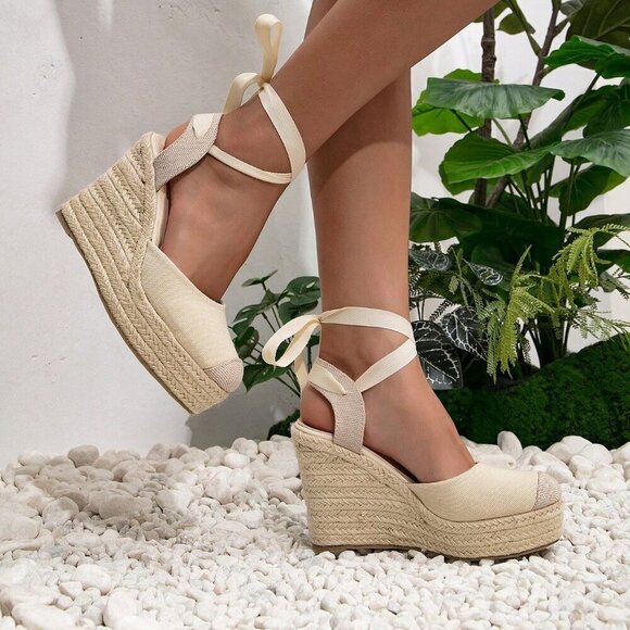 Apricot Boho Women's Vacation Tie Leg Design Espadrille Wedge Shoes - Picture 4 of 5
